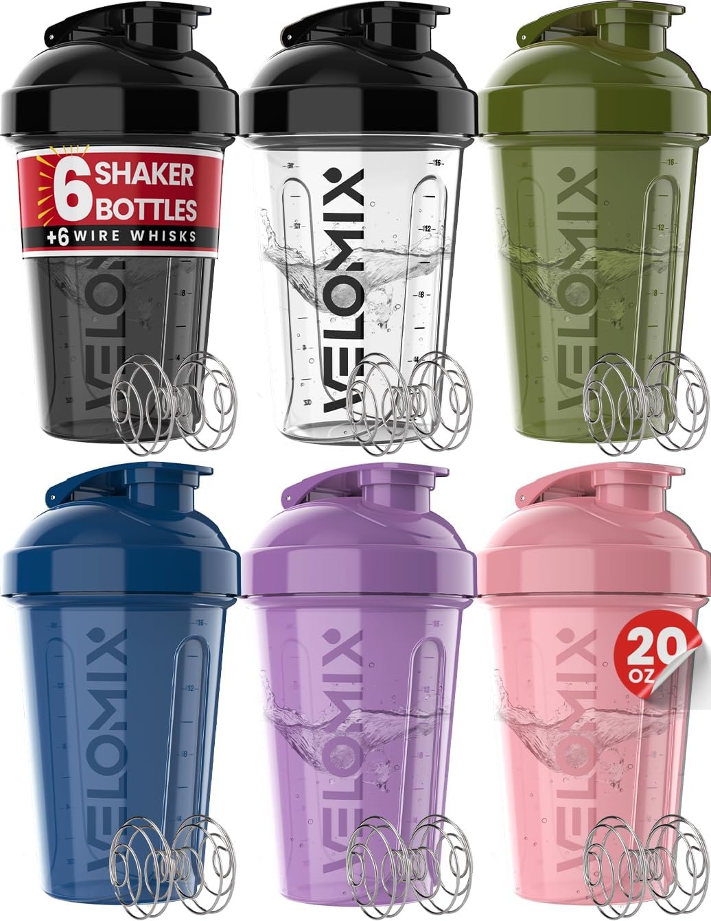 VELOMIX -6 PACK- Shaker Cups for Protein Shakes 20 oz – 6x Wire Whisk | Leak Proof Protein Shaker Bottle for Protein Shakes, Shaker Bottle Pack for Pre & Post Workout, Shaker Cup (Muted Contrast)